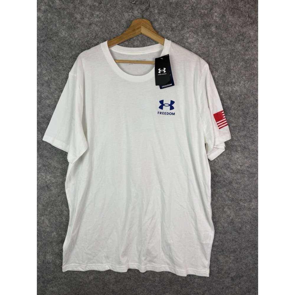 Under Armour Shirt Men's 2XL White Military Logo Freedom Shortsleeve USA Flag